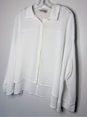 Romeo & Juliet Couture White Semi-Sheer Button Down Blouse with Shoulder Studs